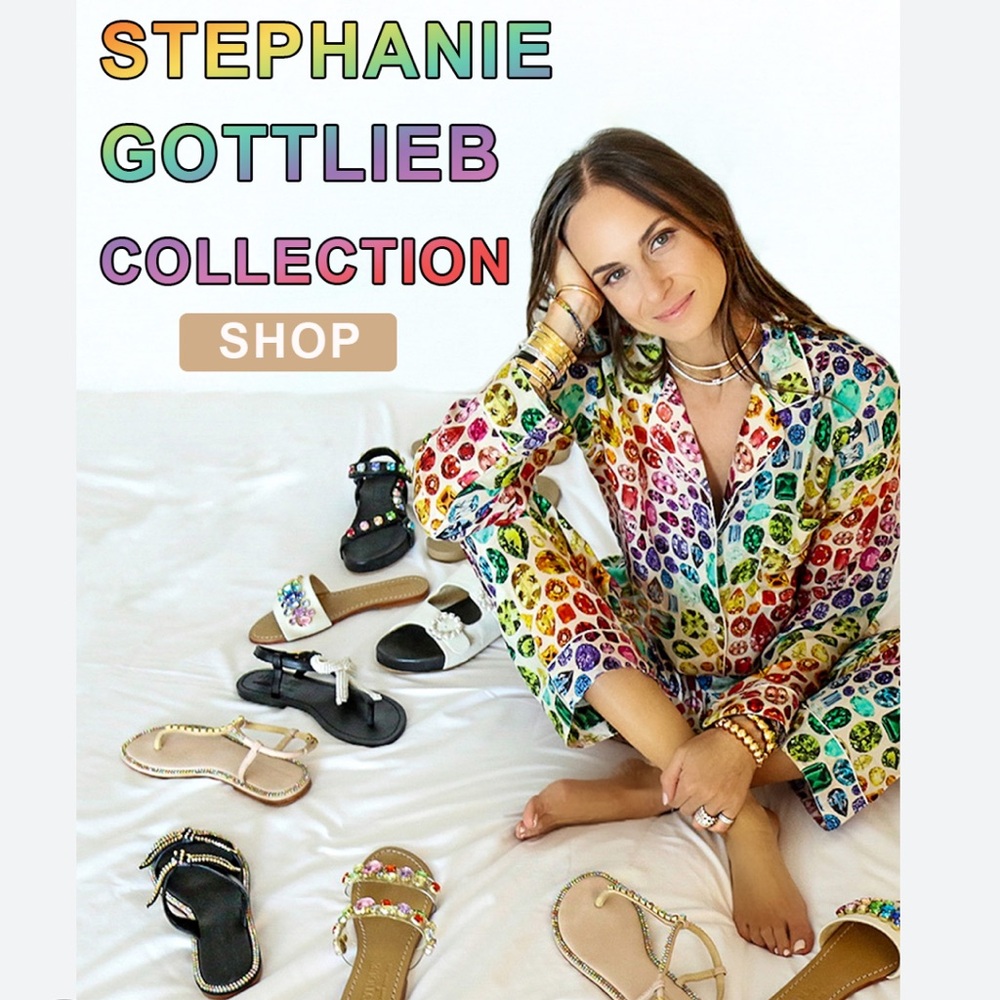NIB Mystique X Stephanie Gottlieb Slides Multicolor Rainbow Stones White / Tan